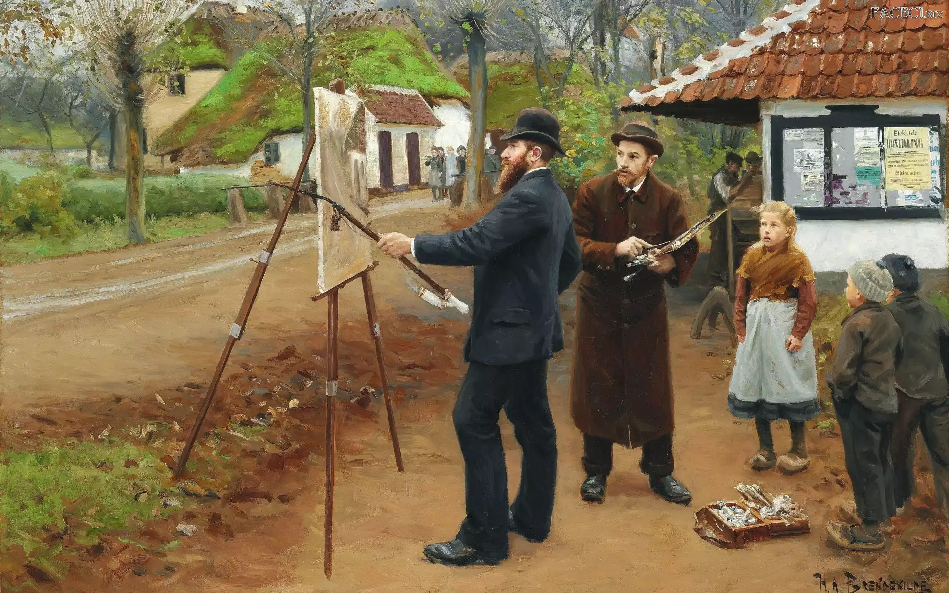 Droga, Dzieci, Malujący, Sztaluga, Malarstwo, Obraz, Lauritz Andersen Ring, Wieś, Hans Andersen Bradekilde, Mężczyźni