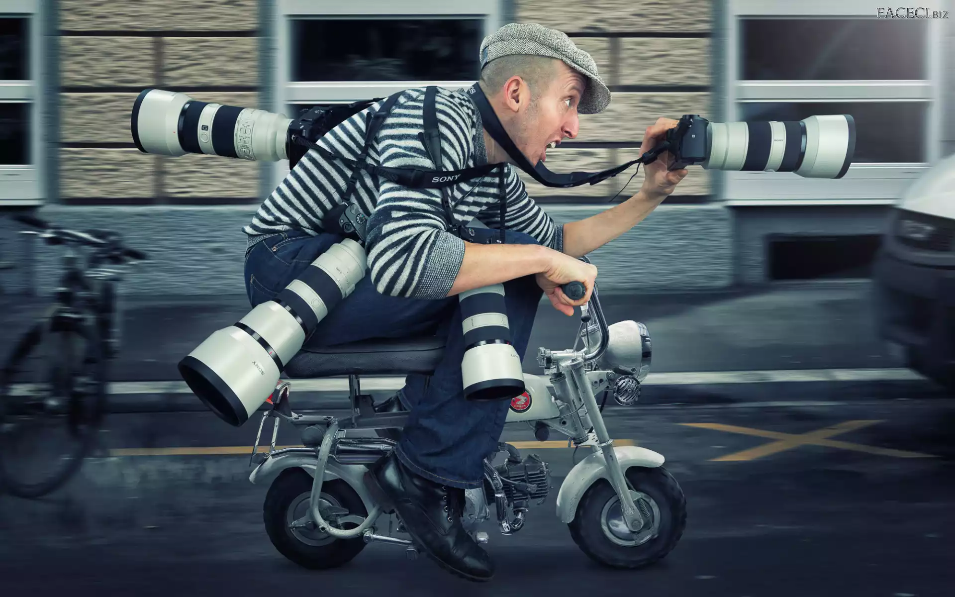 Motorower, Paparazzi, Mężczyzna, Śmieszne, Fotograf