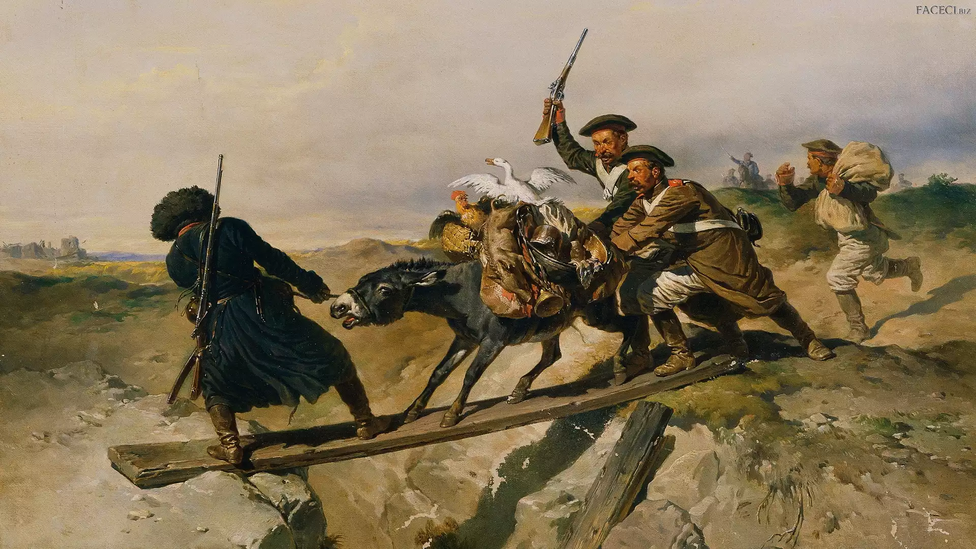 Wojna, Josef Anton Rhinestone Gschwandtner, Malarstwo, Zwierzęta, Ucieczka, Obraz, Żołnierze