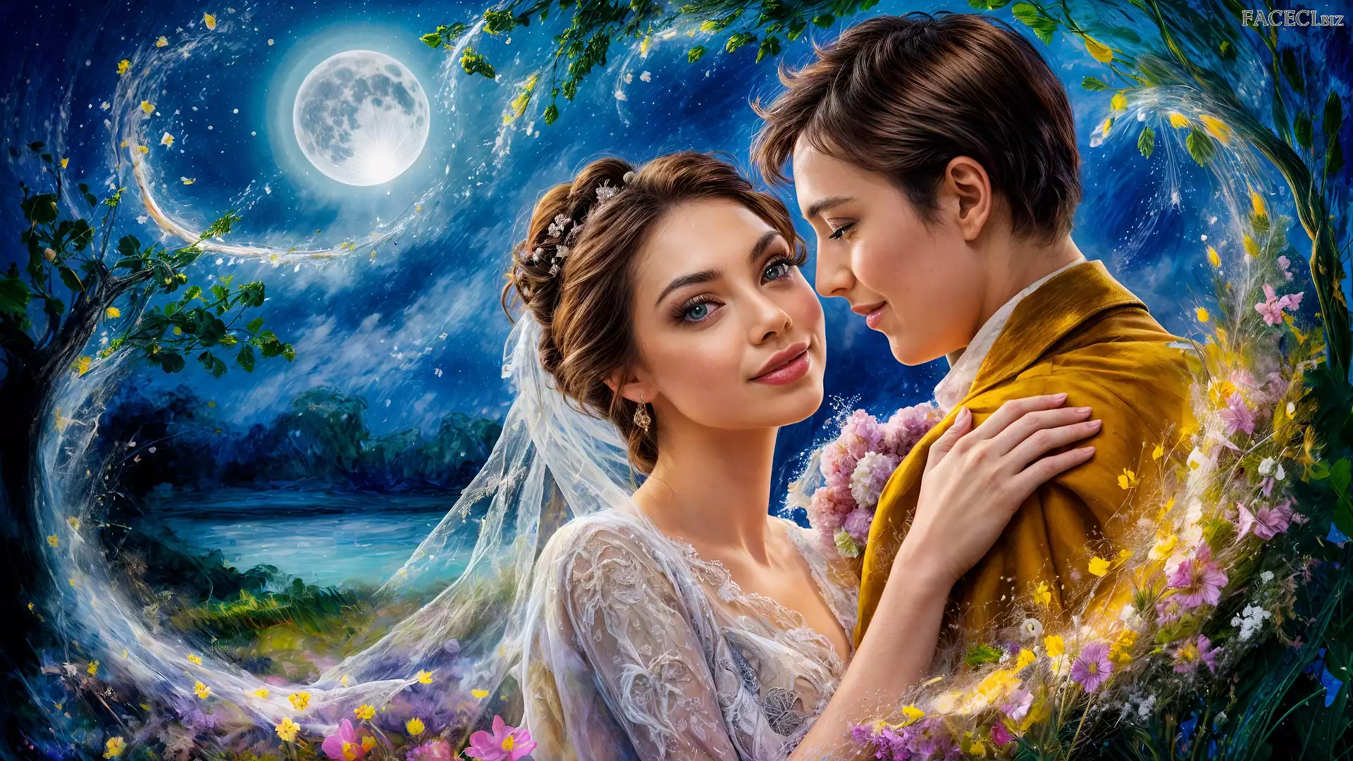 Grafika, Księżyc, Młoda, Para, Kobieta, Mężczyzna